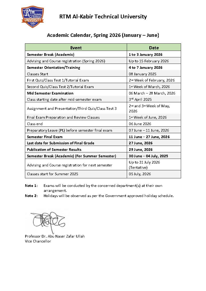 RTM-AKTU Academic Calendar, Spring 2026 (January to June)